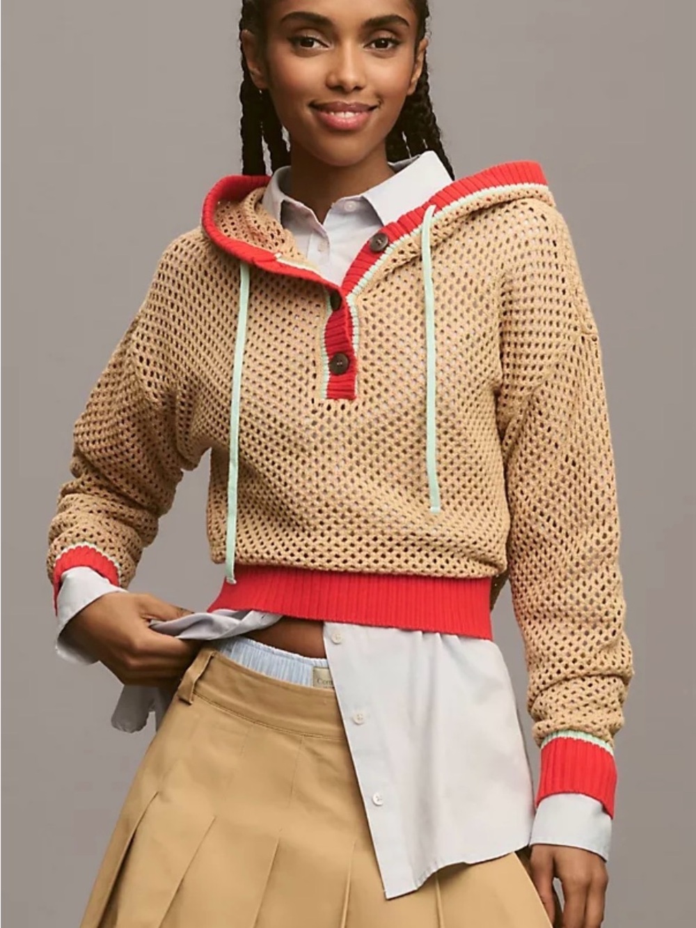 Anthropologie Beige Open-Knit Hoodie with Red Trim and Mint Drawstrings